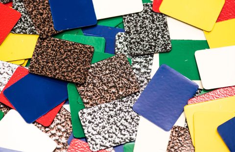 Sample swatches with various powder coated finishes