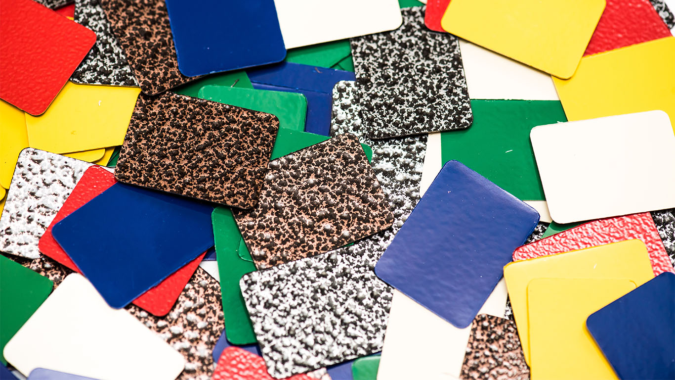 Sample swatches with various powder coated finishes